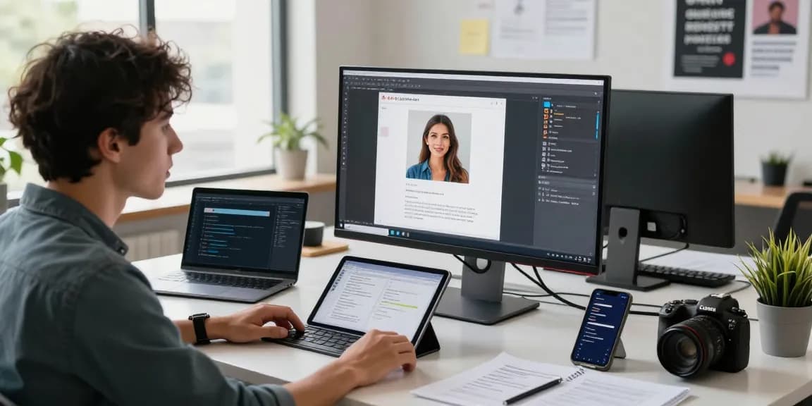 Professional in a tech workspace generating ai prompt image from an uploaded photo.
