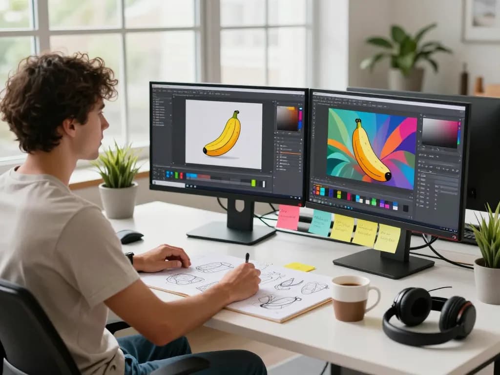 Designer using nano banana pro AI image editor in a vibrant digital art studio