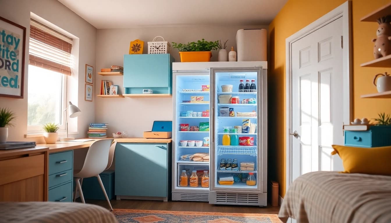 Efficient dorm room fridge filled with snacks and drinks in a cozy setting.