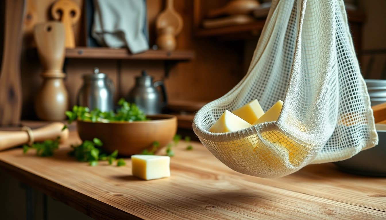 Kaasdoek gebruikt voor het aðrijnen van versgemaakte kaas in een rustieke keuken.
