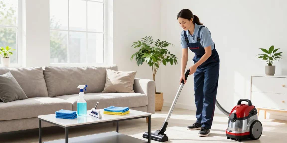 Professional home cleaning service in action at atscleaning.co.uk, featuring a cleaner vacuuming a sofa in a bright living room.