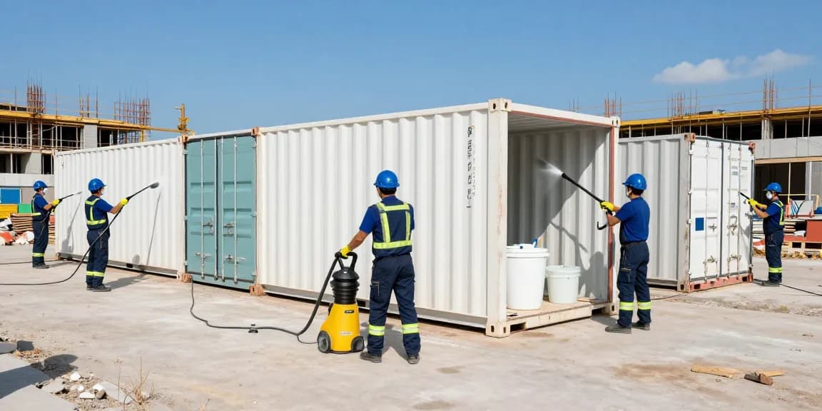 Containerreinigung Firma Dortmund bei der professionellen Reinigung von Baustellencontainern.