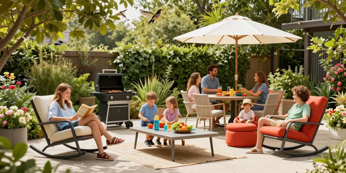 Stylish garden patio furniture including Camden Club Chair and Lotus Dining Set set in a vibrant outdoor scene.