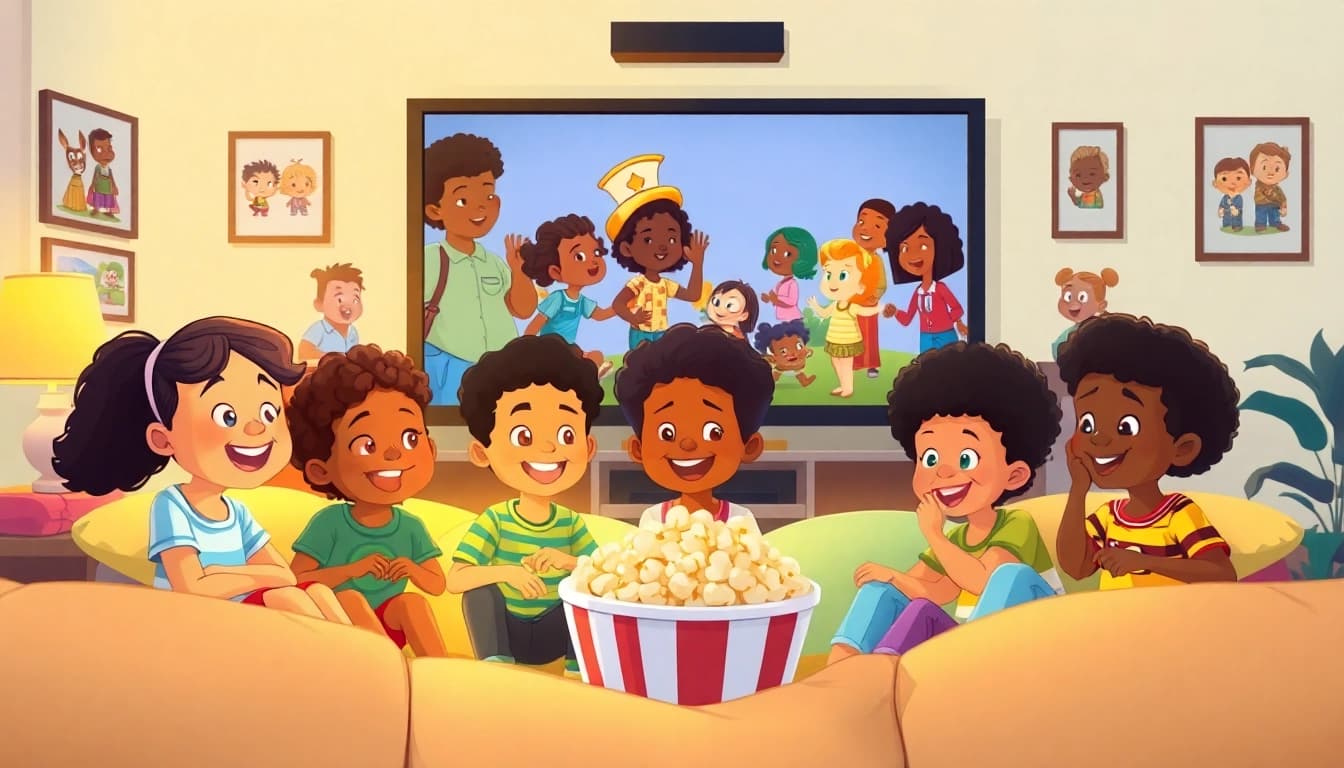 A warm and inviting scene with children enjoying African American cartoons, showcasing joy and diversity.