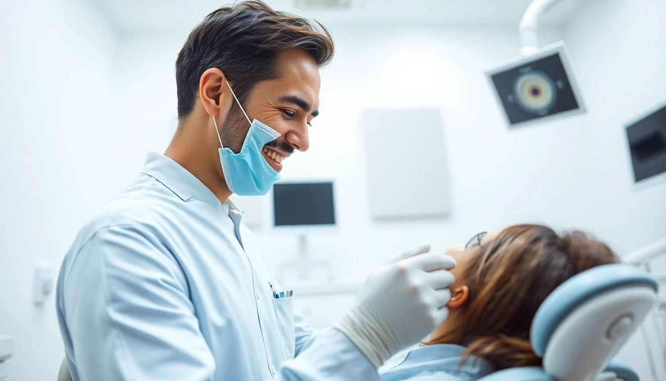 Dentist examining a patient in a modern clinic, showcasing professional dental care.