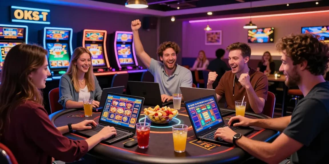 Group of friends enjoying non UKGC casinos with laptops and colorful lights