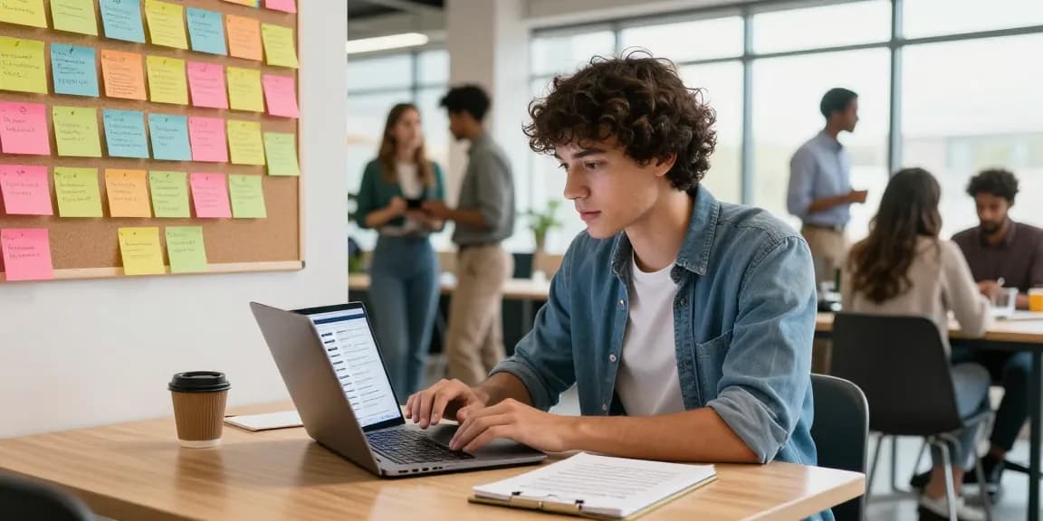 Youthful job seeker actively exploring how to find a job in a lively co-working space with career preparation notes.