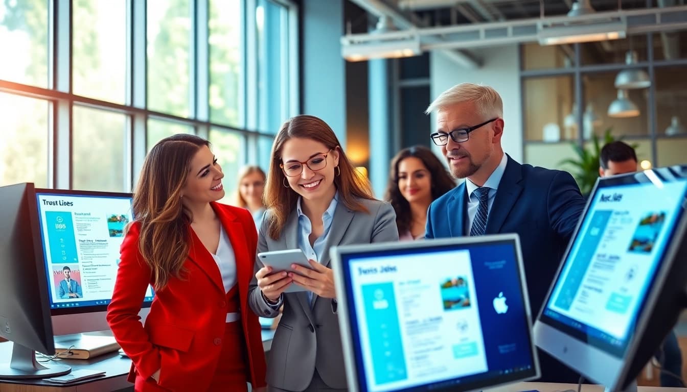 Salespeople actively searching through the best job boards for salespeople, showcasing vibrant office surroundings.