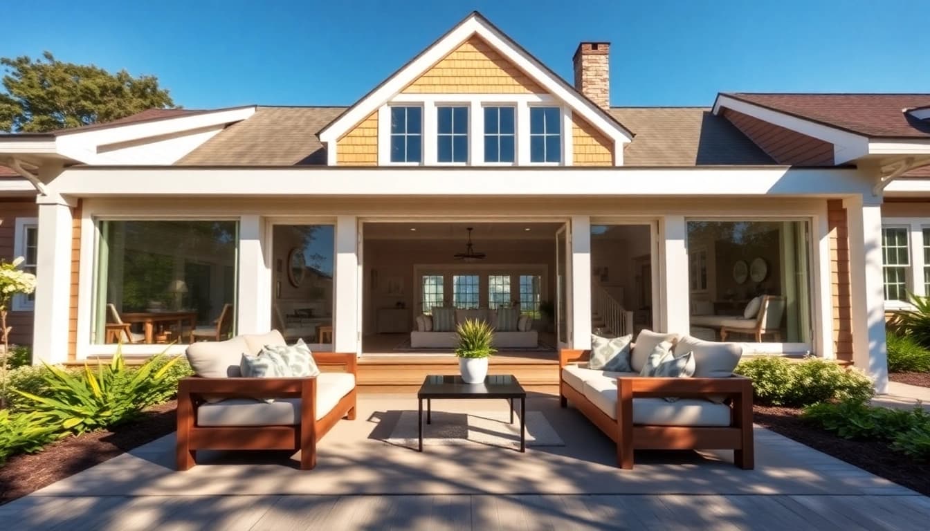 Cape Cod home addition with expansive windows and a beautifully landscaped exterior.