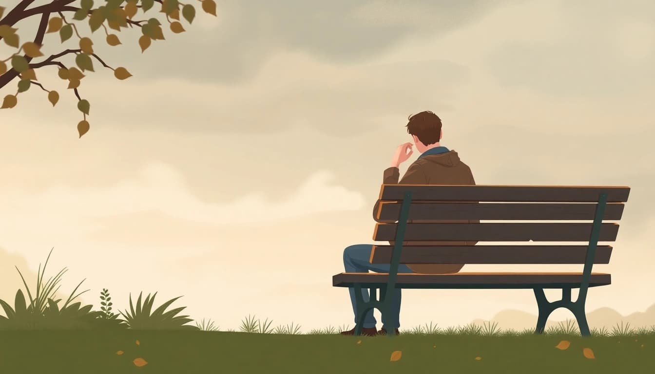 Illustration depicting a person experiencing depression symptoms, seated alone on a park bench in deep thought.