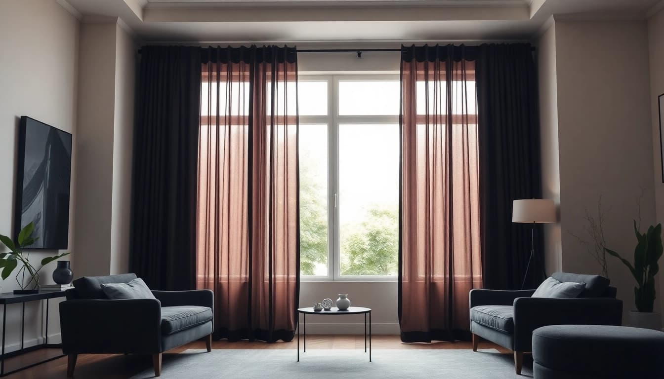 Verduisterende gordijnen in een stijlvolle woonkamer met een uitnodigende sfeer en dimlicht.