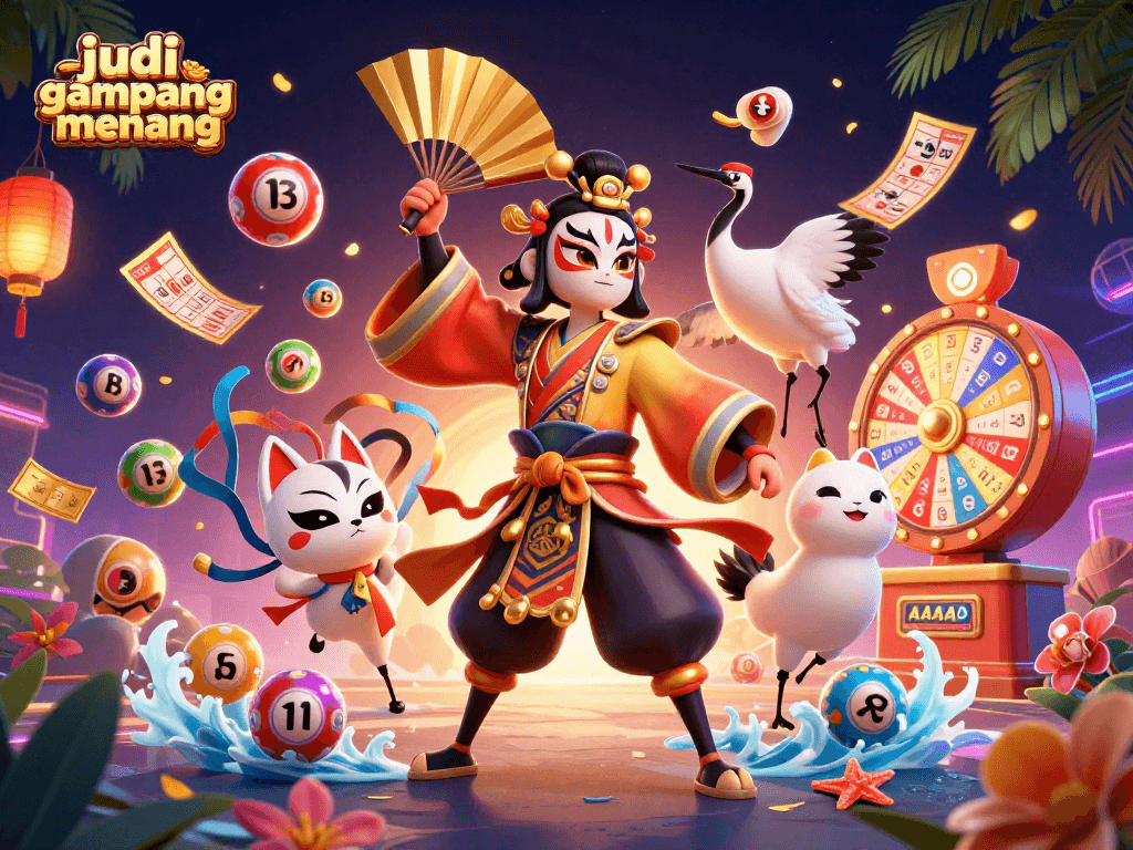 Raih kemenangan dengan "judi online gampang menang" melalui gambar ilustrasi kasino penuh warna yang dinamis.