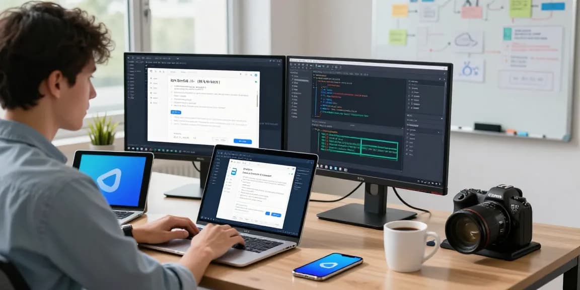 Developer coding 纸飞机中文版 on laptop in a vibrant office setting.