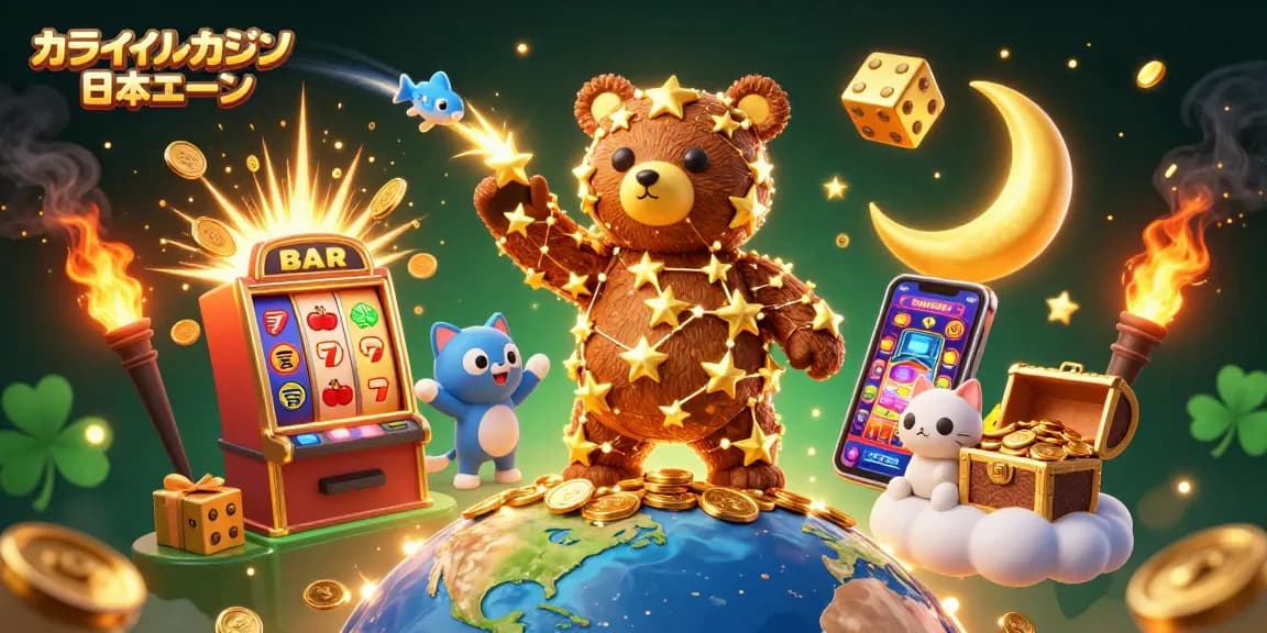 オンラインカジノ 日本語の魅力を視覚化した、黄金の星の熊や宝箱からコインをキャッチするシーン。