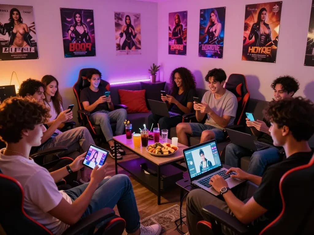 Group of friends playing engaging porno games in a vibrant gaming lounge, highlighting an exciting gaming experience.