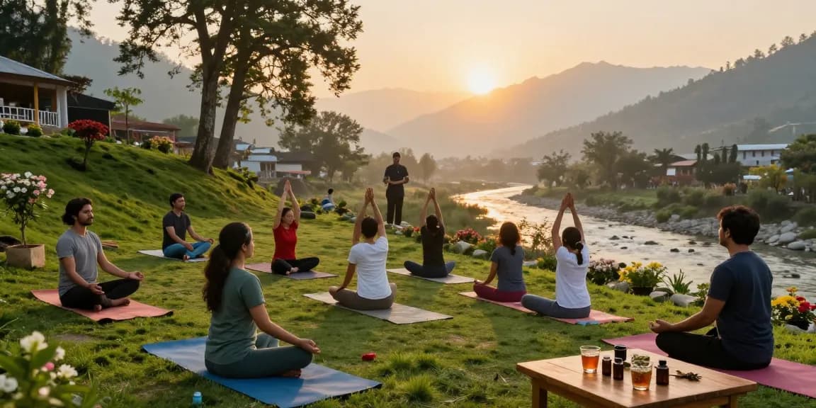 Group practicing yoga during a yoga retreat in Rishikesh amidst nature and serene mountain views.