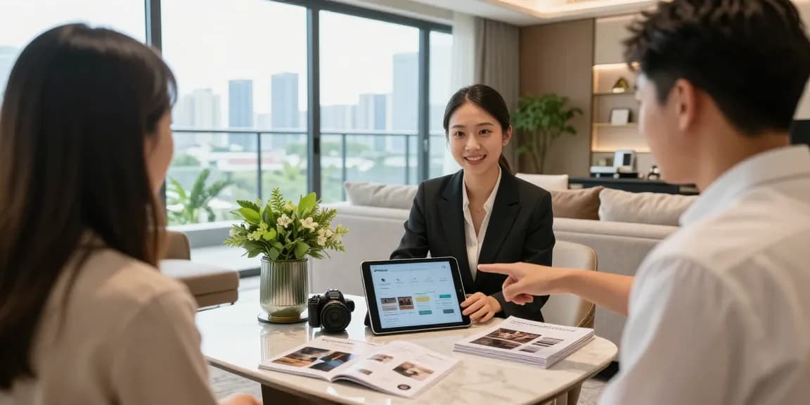 Tanjong Rhu Residences Showflat showcasing a modern living area with a sales representative engaging potential buyers.