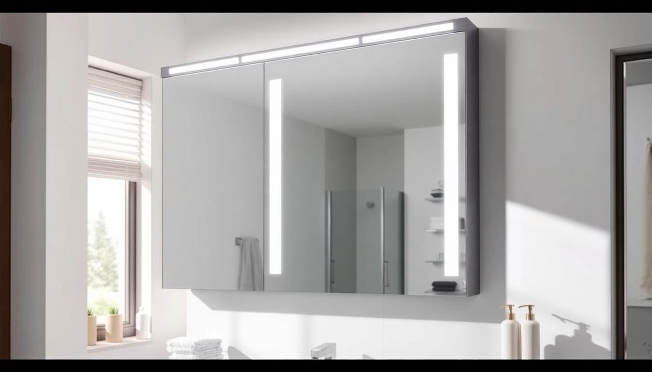 Spiegelschrank mit LED Beleuchtung für modernes Badezimmer mit integriertem Stauraum