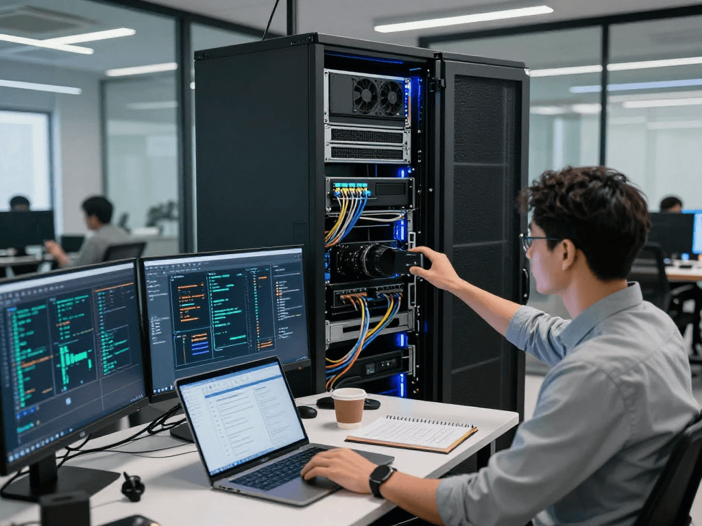 Servicio de hosting en México en un entorno de oficina moderno con técnicos trabajando.