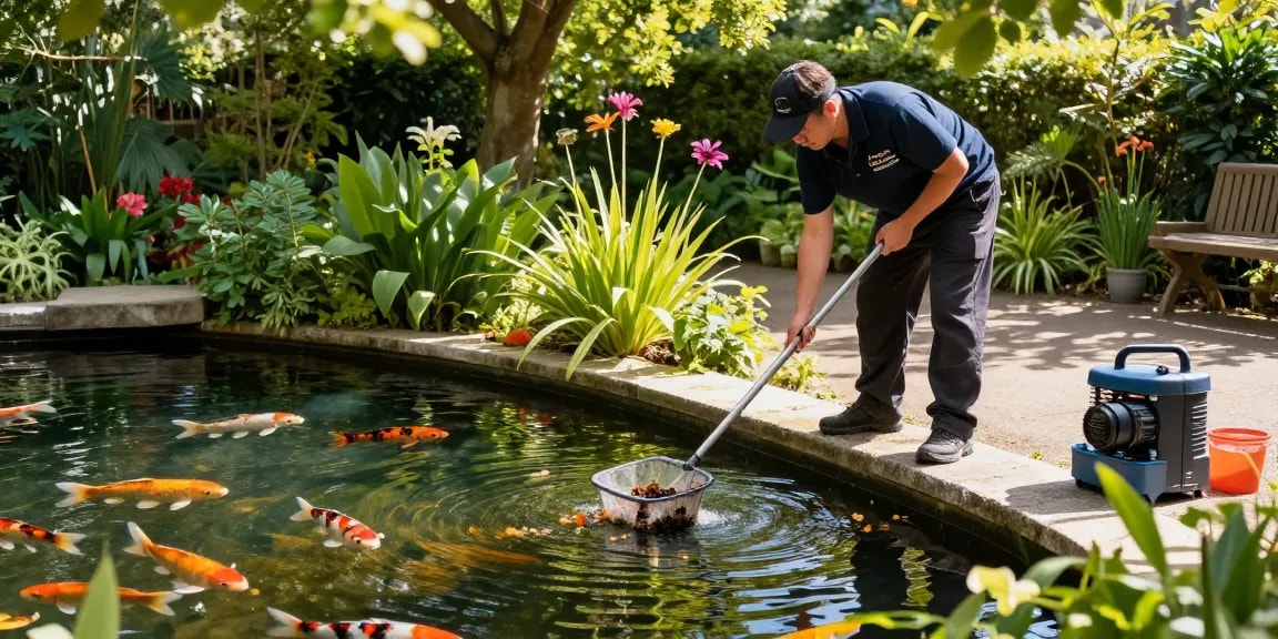 Pond Clean London service technician cleaning a vibrant garden pond, ensuring clear water and healthy ecosystem.