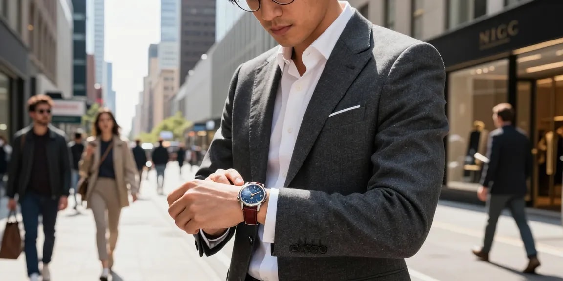 Replica watch on a stylish man's wrist amid a vibrant city scene.