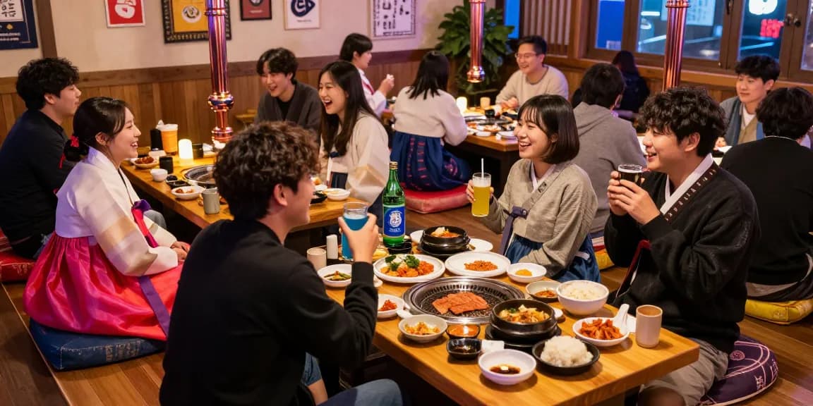 Experience the vibrant atmosphere at 상봉동 한국관나이트 with friends enjoying traditional Korean cuisine and drinks.
