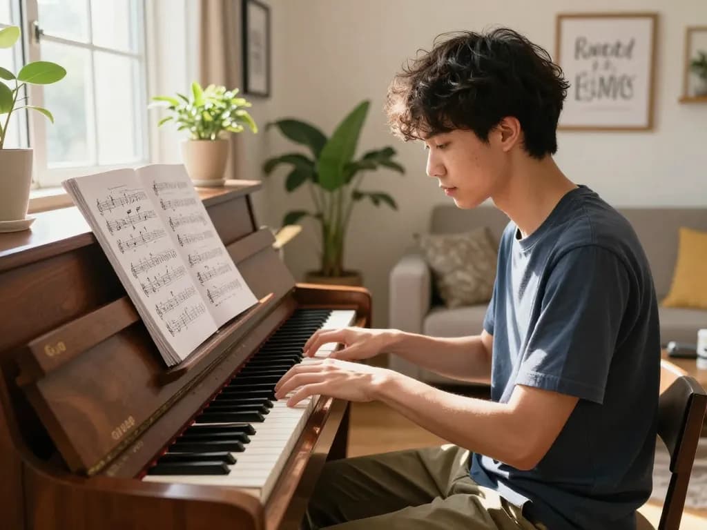 Engaging music learning scene with person playing the GO 88 piano, sunlight illuminating a creative space full of inspiration.