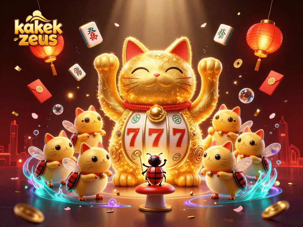 Kakek Zeus waves as a lucky cat amidst vibrant casino symbols, enchanting players with dynamic elements.