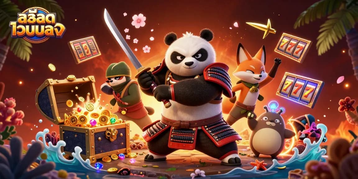 Explore สล็อตเว็บตรง with vibrant samurai characters amid exploding treasure and casino elements.