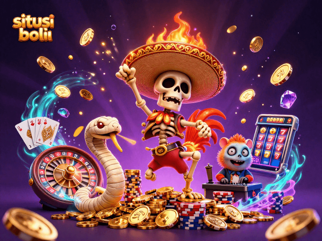 Experience excitement on situs judi bola with a vibrant victory dance scene featuring lively characters and game elements.