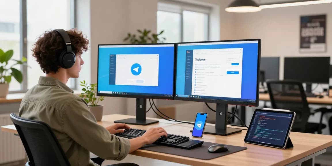 Workspace with developer using 纸飞机中文版 on dual monitors in a modern office.
