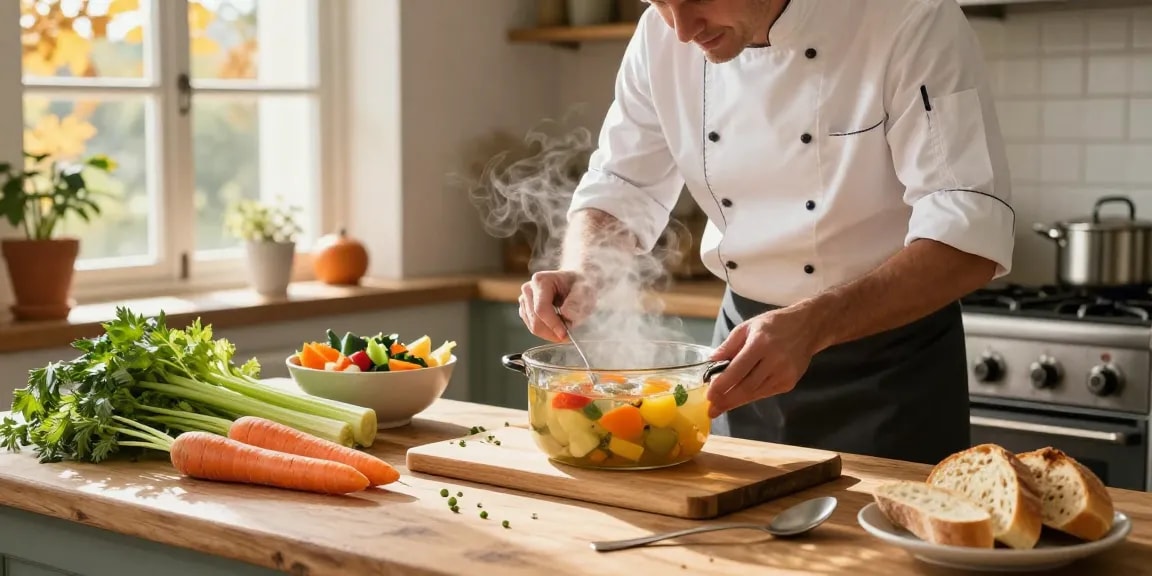 Ein Koch bereitet glücklich Klare Suppe in einer warmen Küche mit frischen Zutaten zu.