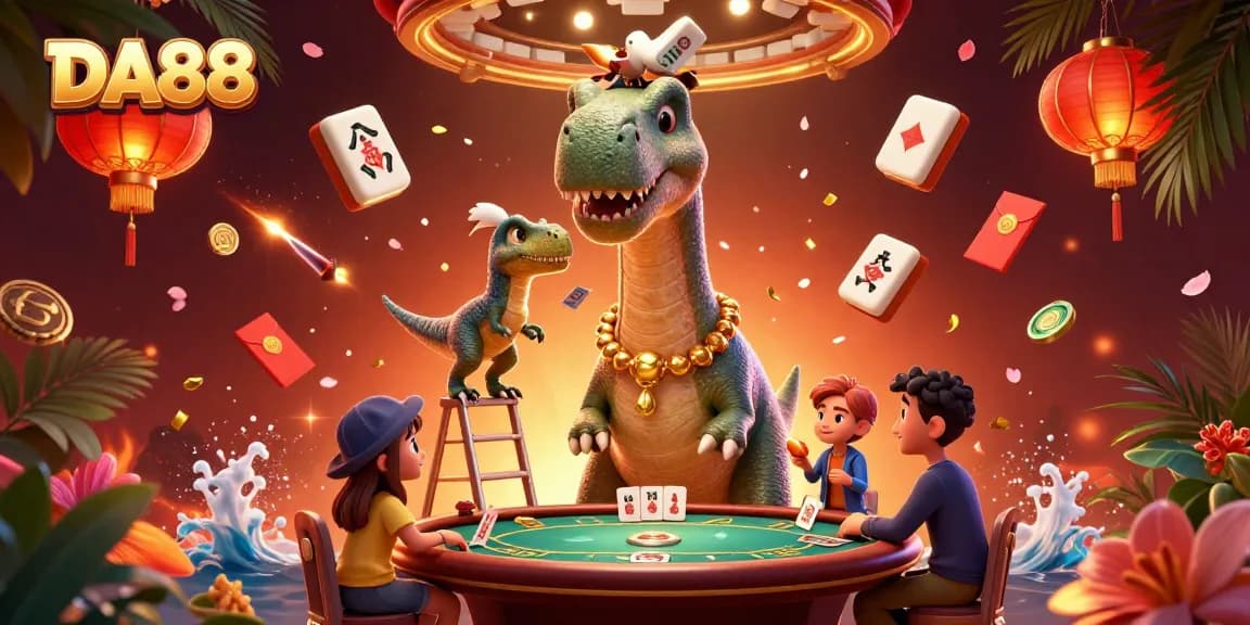 Experience the thrill of DA88 with vibrant casino elements, a towering dinosaur, and dynamic card dealing.