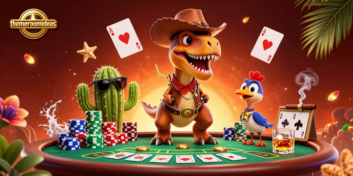 Engage with themeroomideas through a vibrant poker-themed illustration featuring unique animated characters and dynamic gameplay elements.