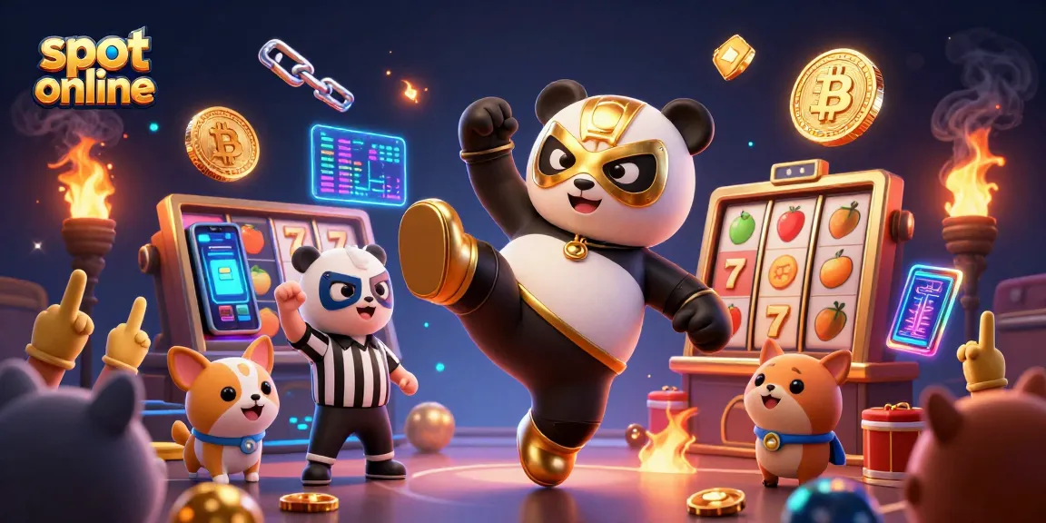 Menggambar slot online dengan panda petinju terbang, simbol buah dan jackpot yang bersinar untuk pengalaman kasino yang menarik.