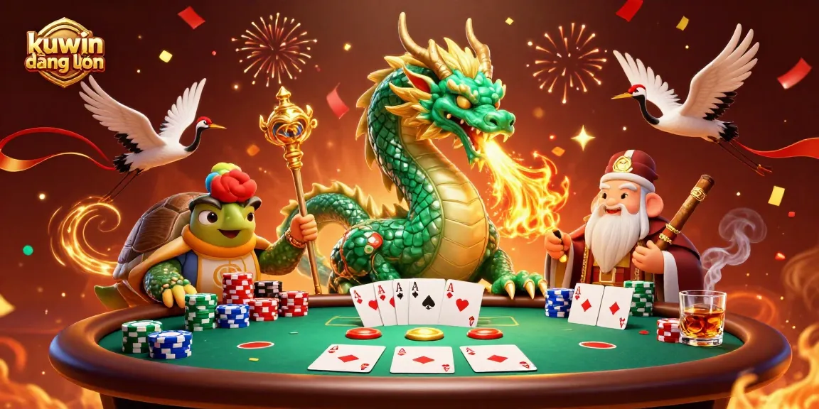 Engage in winning strategies at kuwin đăng nhập with a vibrant casino scene featuring dragons, turtles, and poker elements.