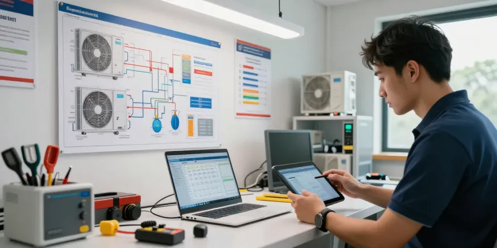 Technician reviewing HVAC Software on tablet in a modern workspace.