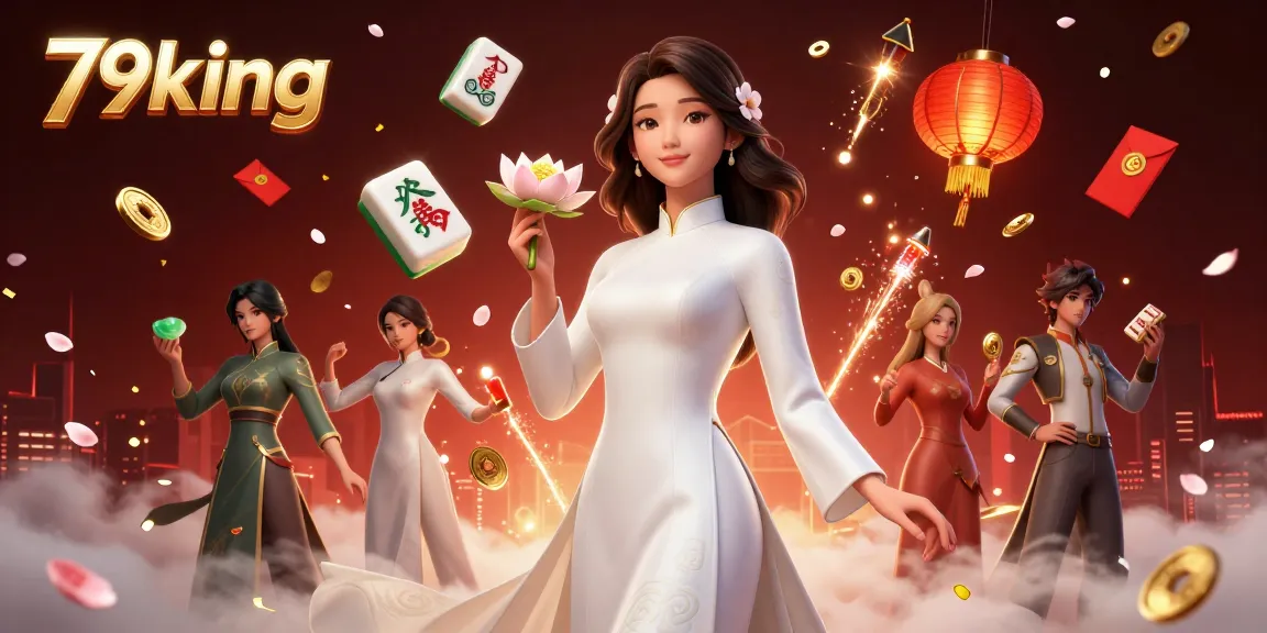 Engage in high-stakes games with 79king, showcasing an elegant woman amidst vibrant casino elements.