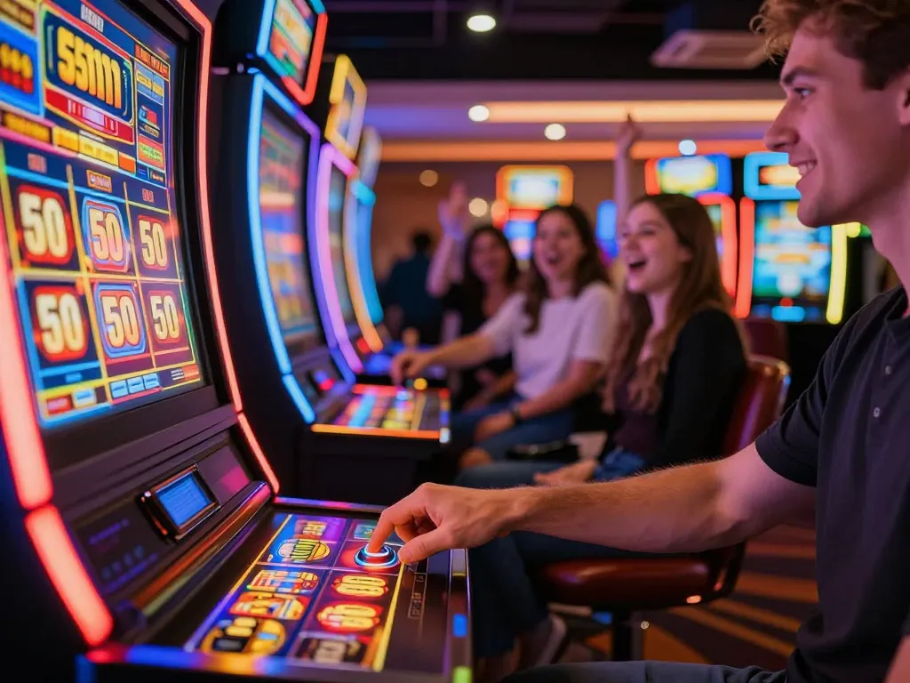 Player pressing the spin button on a colorful slot machine for a slot bet 50 while friends cheer on.