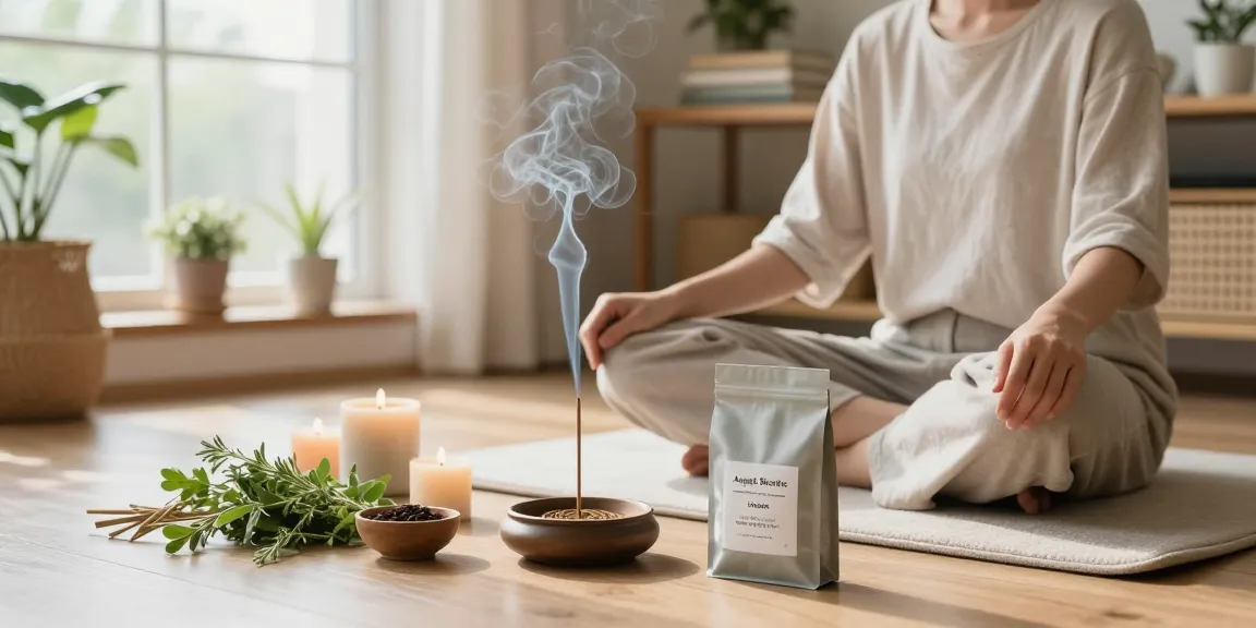 Relaxing scene with person enjoying the buy-angels-breathe-10-gram-bag incense in a serene wellness space.