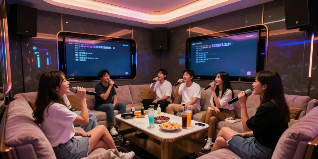 강남 달토 고급 가라오케 룸에서 즐겁게 노래하는 모습과 현대적인 인테리어
