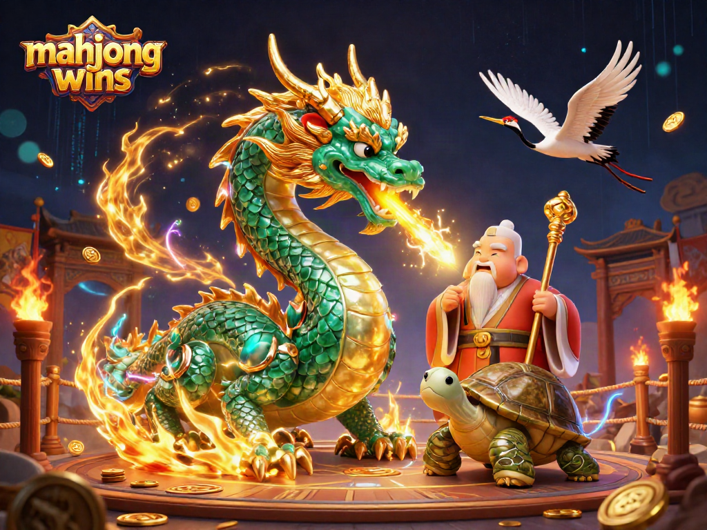 Experience mahjong wins with an emerald jade dragon amidst a thrilling casino atmosphere.