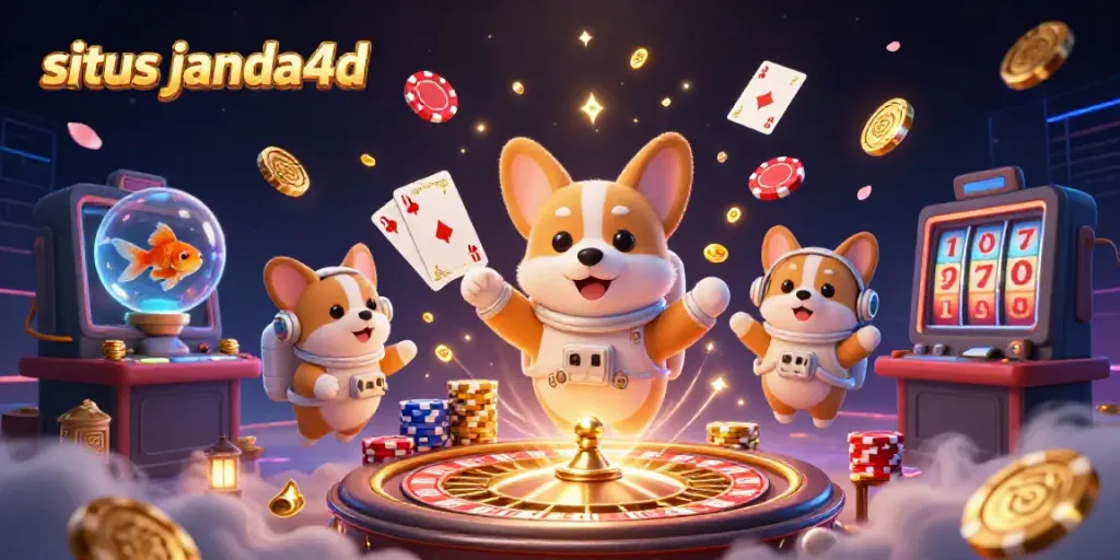 Visualisasikan situs janda4d dengan corgi astronot, koin emas mengapung, dan elemen kasino yang menarik.