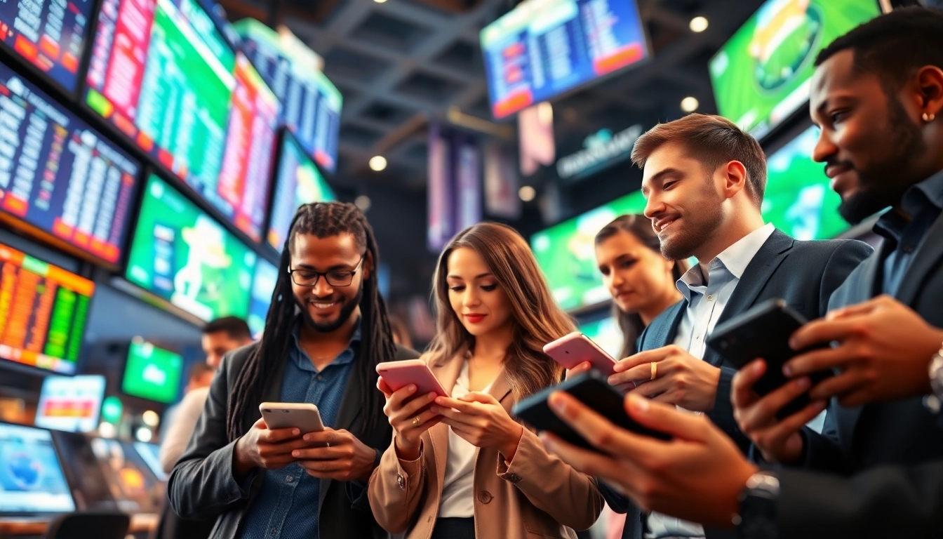 Engaging atmosphere showcasing sportsbooks in Texas with diverse individuals placing bets on smartphones and tablets.