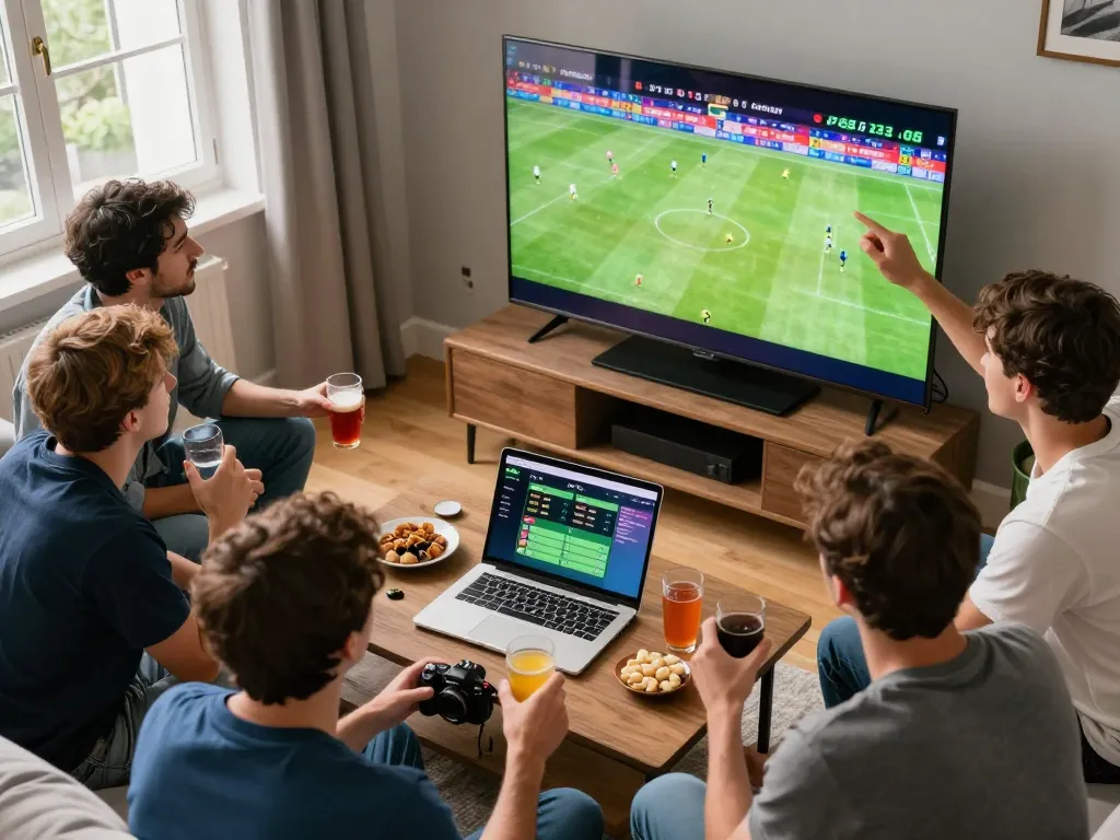 Friends active betting on F168 during an exciting live football game, creating a vibrant home atmosphere.