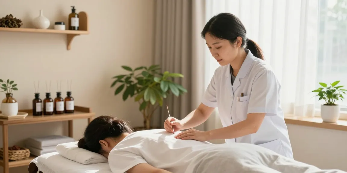 Patient receiving treatment at 수원한의원 with serene atmosphere and healing elements.