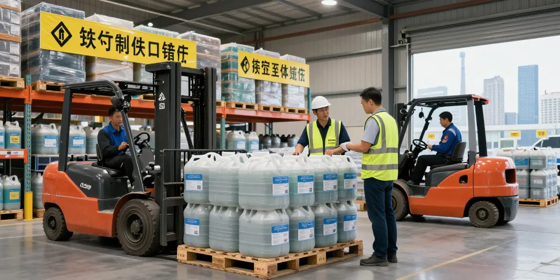 Chemical distributor wholesale inspecting large pallets in a professional warehouse.