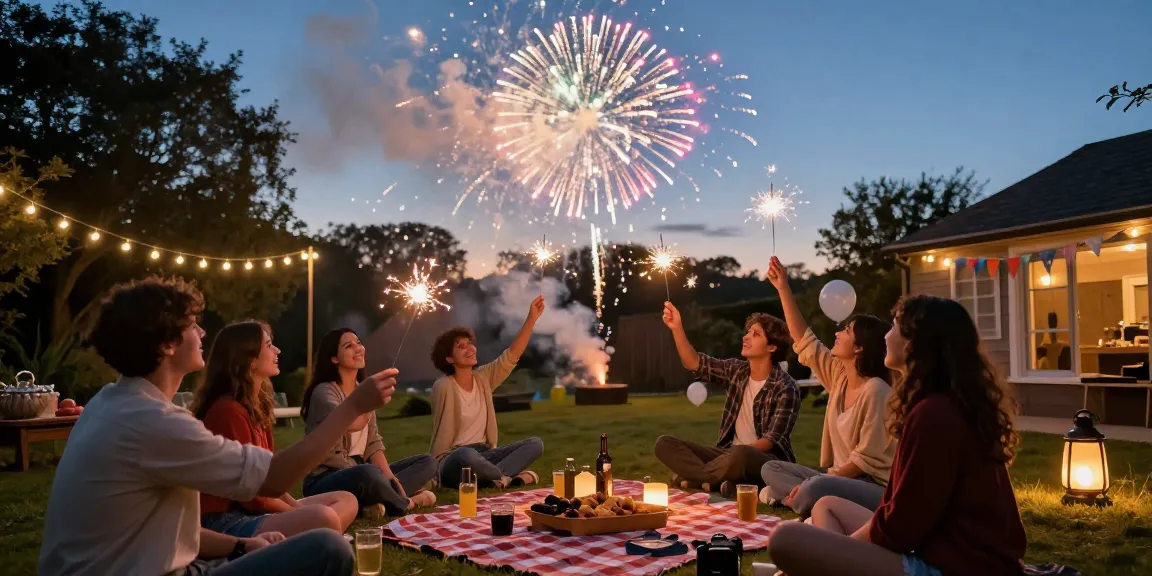 Fireworks UK celebration with friends enjoying a vibrant display in a backyard.