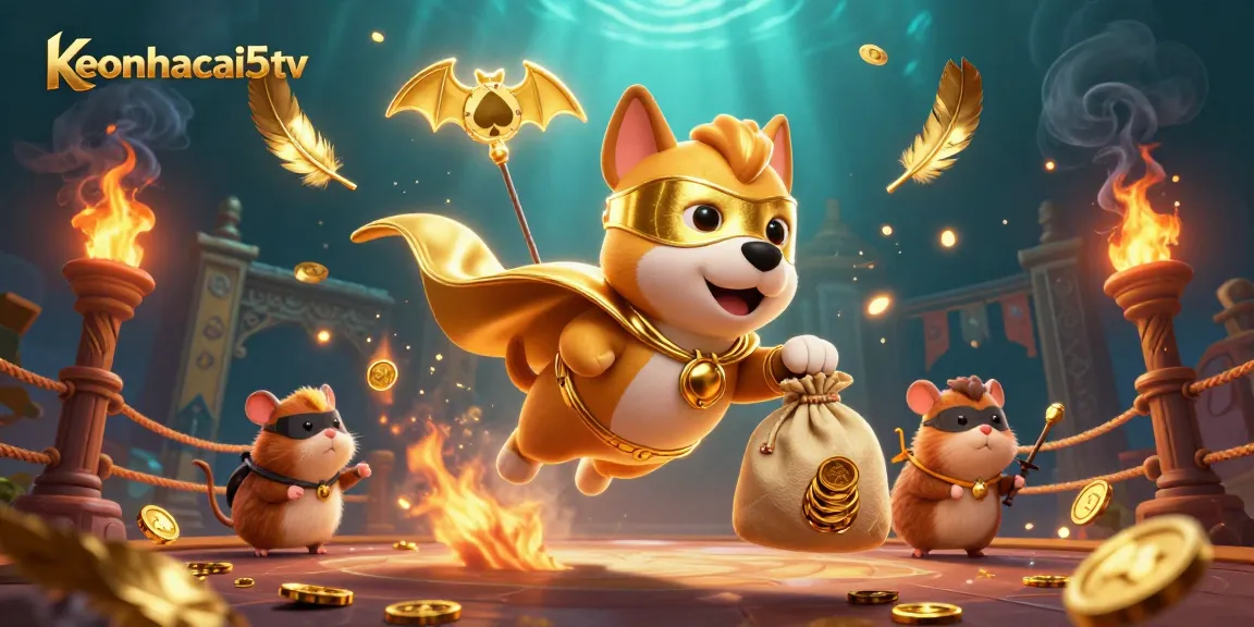 Engage in thrilling gaming with keonhacai5tv as our superhero dog champions under a poker chip sky.