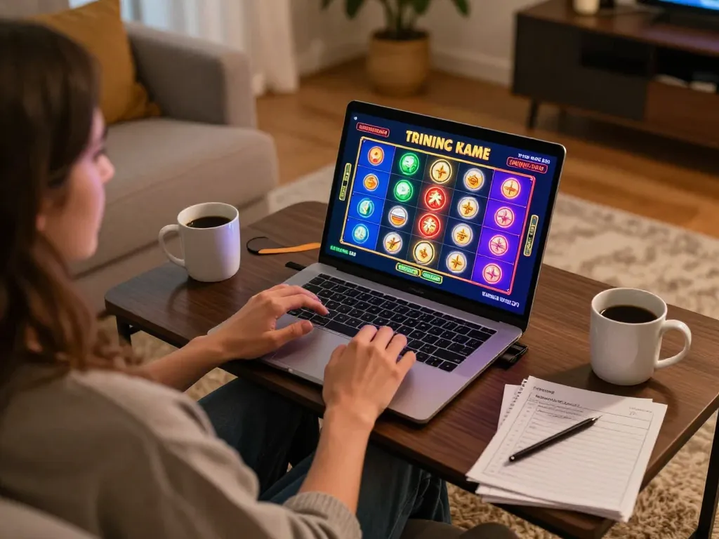 Engaging in online casino slots game on a laptop, showcasing เว็บตรง gaming experience in 2026.